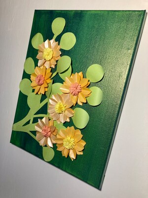 Hand Cut Orange Paper Flowers on 9x12 Inch Canvas Painted with Green Acrylic Original 3D Art Wall Hanging - image3